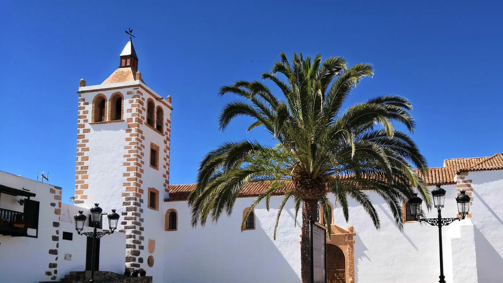 The white tower of the church of Santa María with a palm tree against a deep blue sky