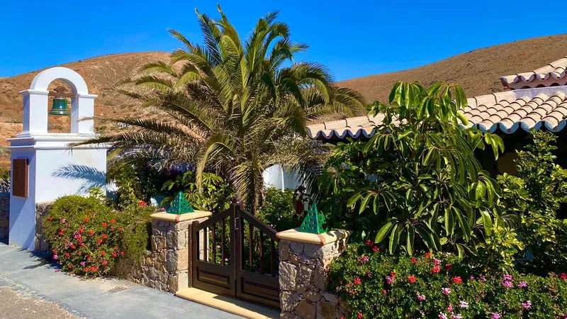 The entrance of the house: a white bell gable, a palm tree, stone pillars and a wooden gate among flowering shrubs