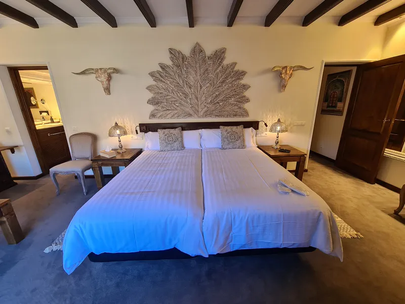The beds made up beneath the fan-shaped headboard, a lamp on either side