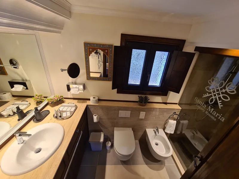 The bathroom with a washbasin, a carved mirror and a shuttered window
