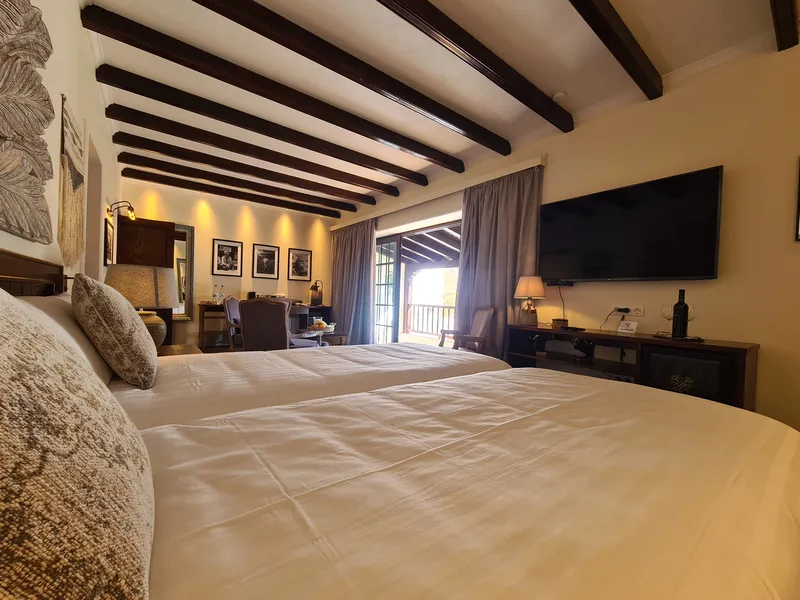 The bed, the television and the windows at the far end of the room