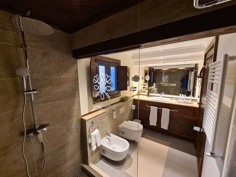 The bathroom with a walk-in shower and a lit mirror