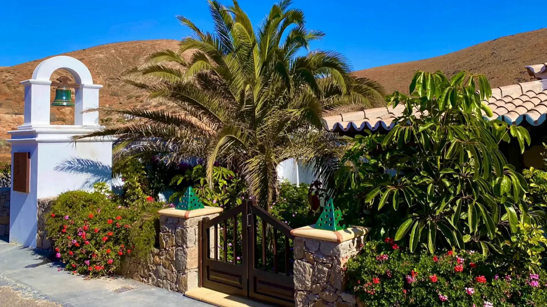 The entrance of the house: a white bell gable, a palm tree, stone pillars and a wooden gate among flowering shrubs